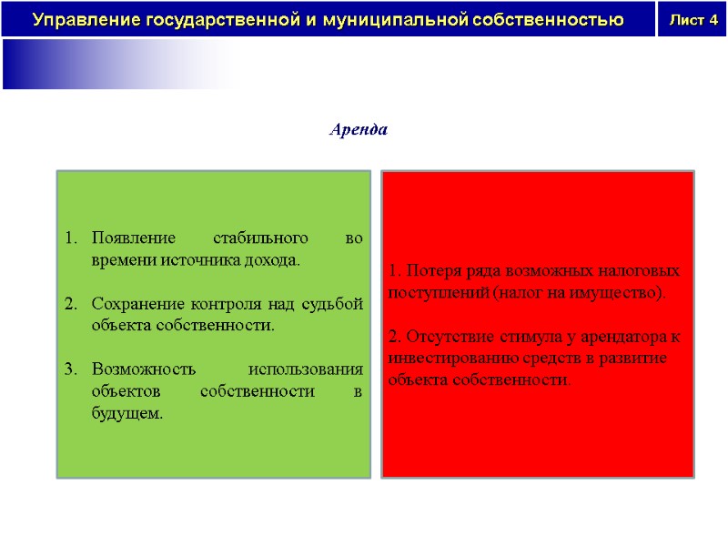 Аренда  Появление стабильного во времени источника дохода.  Сохранение контроля над судьбой объекта